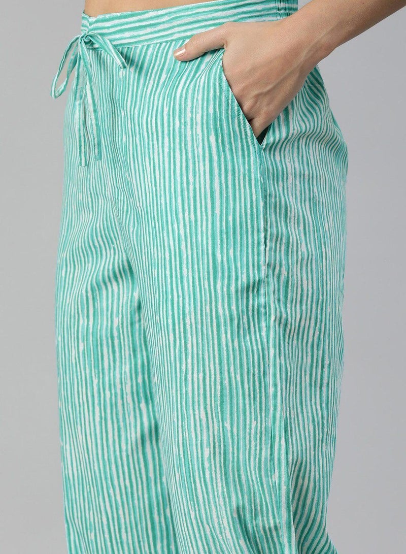 ISHIN Women'S Turquoise Blue 100% Cotton Self Design Full Length Palazzo A-Line Kurta Set - Image 3