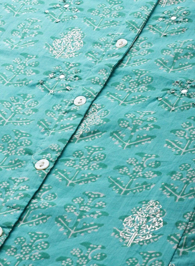 ISHIN Women'S Turquoise Blue 100% Cotton Self Design Full Length Palazzo A-Line Kurta Set - Image 5