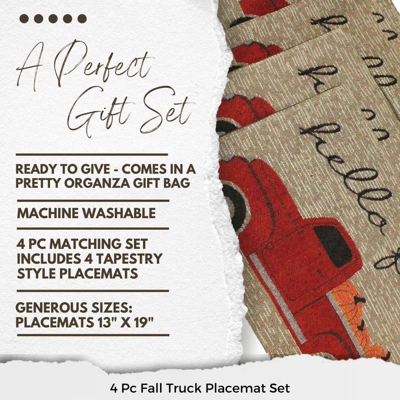 Twisted Anchor Tradi Twisted Anchor Trading Company 4 pc Hello Fall Placemats - Vintage Truck Fall Kitchen Decor Set - Comes in an Organza Bag so It's Ready for Giving! - Image 2