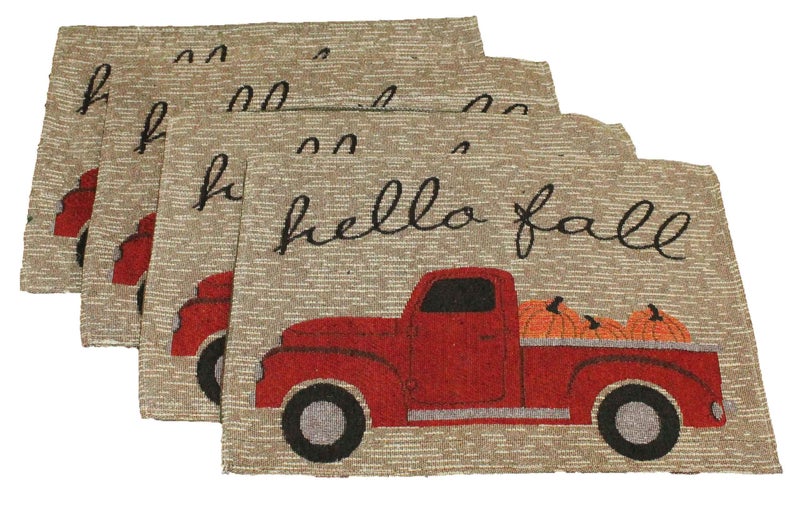 Twisted Anchor Tradi Twisted Anchor Trading Company 4 pc Hello Fall Placemats - Vintage Truck Fall Kitchen Decor Set - Comes in an Organza Bag so It's Ready for Giving! - Image 1