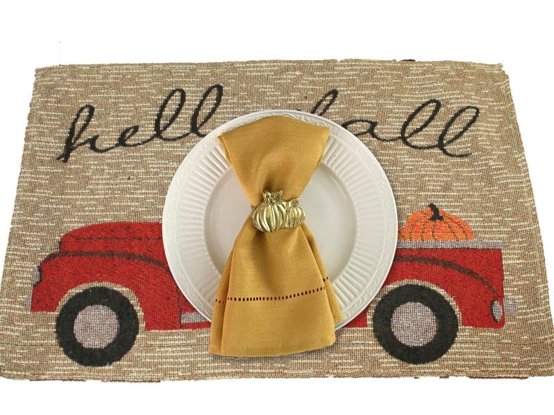 Twisted Anchor Tradi Twisted Anchor Trading Company 4 pc Hello Fall Placemats - Vintage Truck Fall Kitchen Decor Set - Comes in an Organza Bag so It's Ready for Giving! - Image 4