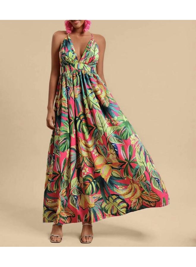 European American Ethnic Style Slim Fit Printed Sling Dress
