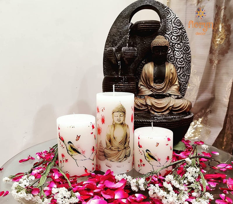 Floryn Decor Printed Decoration Paraffin Wax Dinner Wedding Party Candles (Buddha) - Set Of 3, 7.6 X 7.6 Cm, Unscented - Image 2