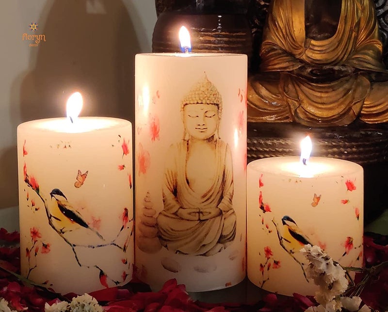 Floryn Decor Printed Decoration Paraffin Wax Dinner Wedding Party Candles (Buddha) - Set Of 3, 7.6 X 7.6 Cm, Unscented - Image 1