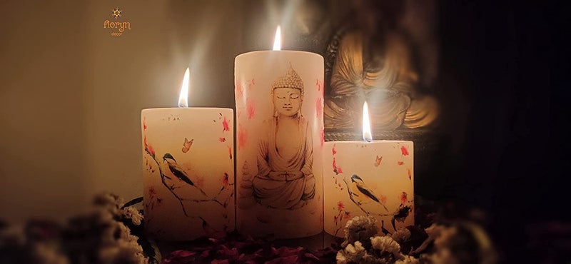 Floryn Decor Printed Decoration Paraffin Wax Dinner Wedding Party Candles (Buddha) - Set Of 3, 7.6 X 7.6 Cm, Unscented - Image 3