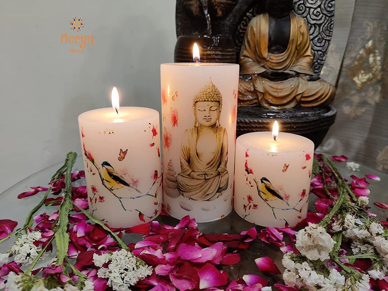 Floryn Decor Printed Decoration Paraffin Wax Dinner Wedding Party Candles (Buddha) - Set Of 3, 7.6 X 7.6 Cm, Unscented - Image 4