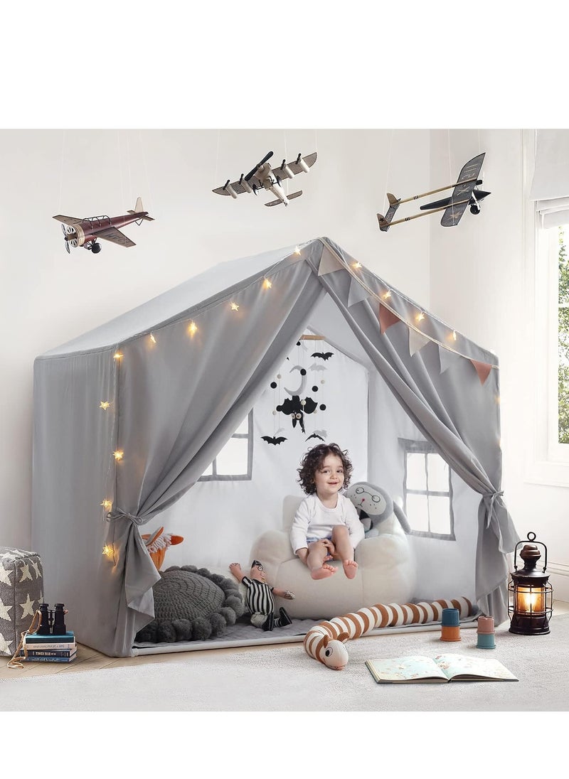 XICEN Kids Large Play Tent, Playhouse with LED String Lights Flags and Padded Mat, Boys Girls Castle Cottage, Indoors Outdoors Activity Center Reading Nook  - Image 2