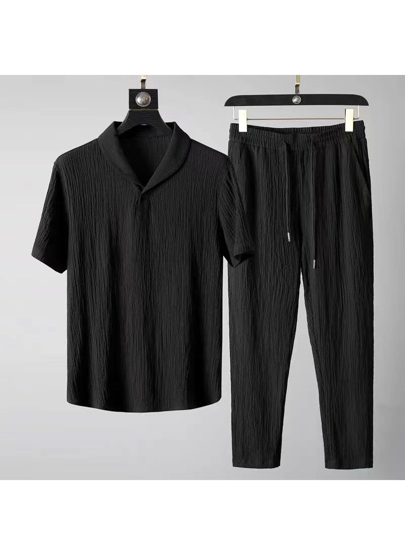 Generic Mens Linen Silk Blend Summer Casual Sport Suit Black 