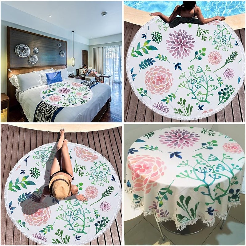 Violet Mist Mandala Tapestry Round Beach Towel Yoga Picnic Mat Roundie Tablecloth Water Absorbent Terry Towel with Tassels (Flower) - Image 1