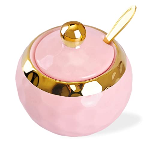 WHJY Ceramic Sugar Bowl with Lid and Spoon Golf Design Porcelain Salt Bowl Salt Container Modern Spice Box Seasoning Jar for Home and Kitchen Coffee Bar Pink - Image 1