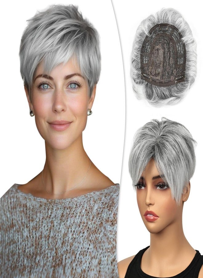 PHOCAS Short Hair Toppers for Women with Thinning Hair Magic Pixie Cut Toppers Hairpiece Natural Synthetic Grey Hair Toppers for Daily Use - Image 1