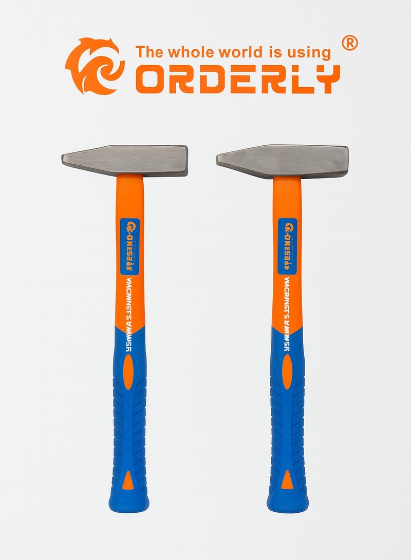 ORDERLY Machinist’s Hammer – 2-Piece Set, 300 g Each — Overall length 30 cm, hardened steel head 10 × 2 cm, anti-slip rubberized composite handle – Blue/Orange - Image 1