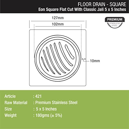 LIPKA Pack of 2 Eon Square Flat Cut with Classic Jali Floor Drain |Premium Stainless Steel |5 x 5 Inches| - Image 2