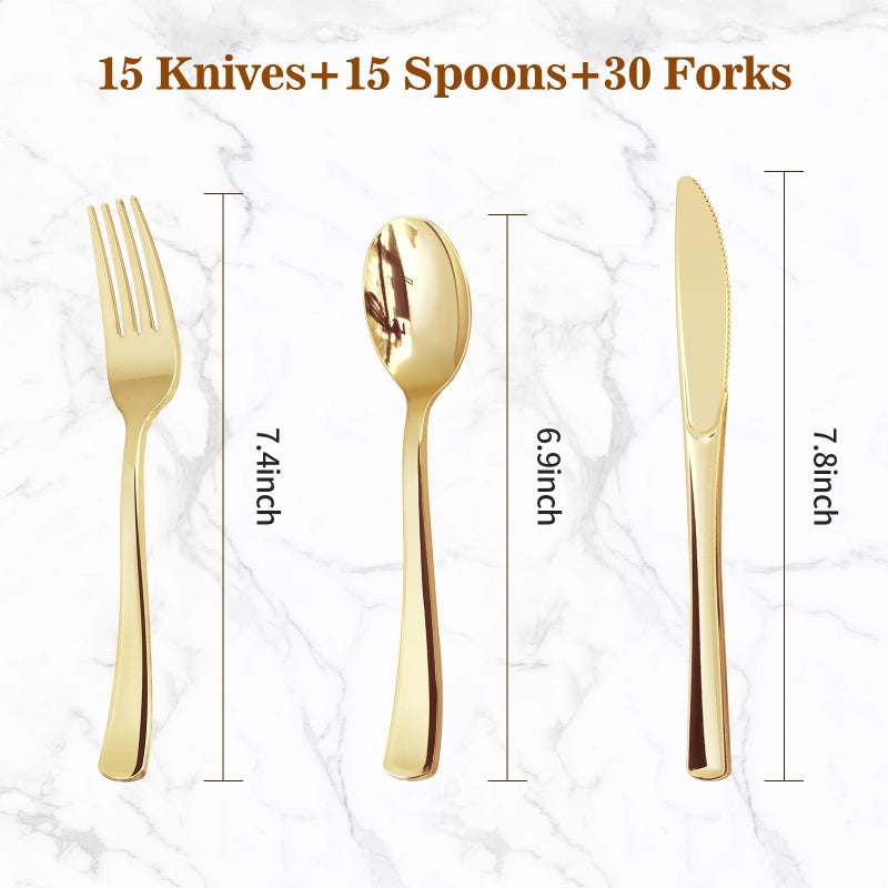 BESTVIP 60PCS Gold Plastic Silverware  Gold Disposable Utensils  Heavy Duty Cutlery Set of 30 Gold Forks  15 Gold Spoons  15 Gold Knives for Parties  Weddings  Catering and Daily Use - Image 2