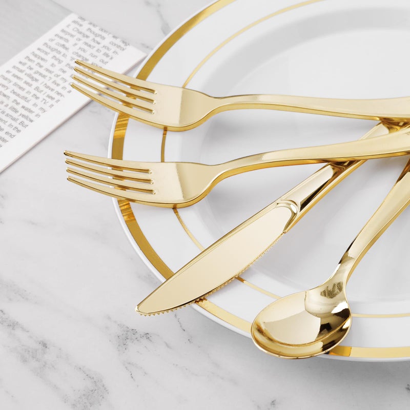 BESTVIP 60PCS Gold Plastic Silverware  Gold Disposable Utensils  Heavy Duty Cutlery Set of 30 Gold Forks  15 Gold Spoons  15 Gold Knives for Parties  Weddings  Catering and Daily Use - Image 3