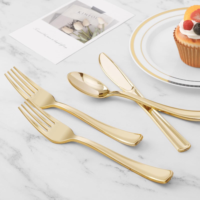 BESTVIP 60PCS Gold Plastic Silverware  Gold Disposable Utensils  Heavy Duty Cutlery Set of 30 Gold Forks  15 Gold Spoons  15 Gold Knives for Parties  Weddings  Catering and Daily Use - Image 4