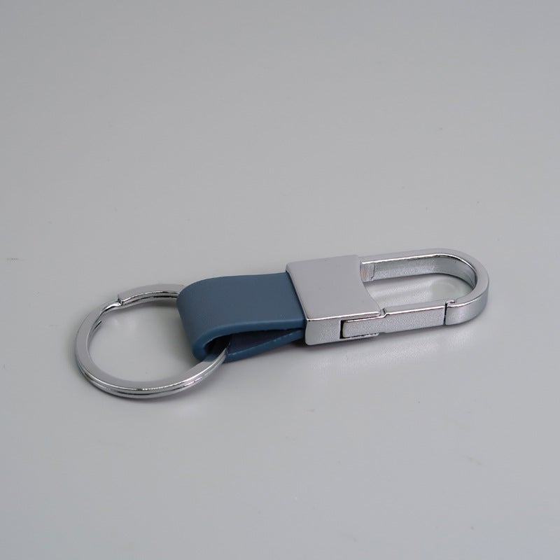 MUNTAQI Metal Leather Car Keychain Custom Engraved Logo Silver + Light Blue