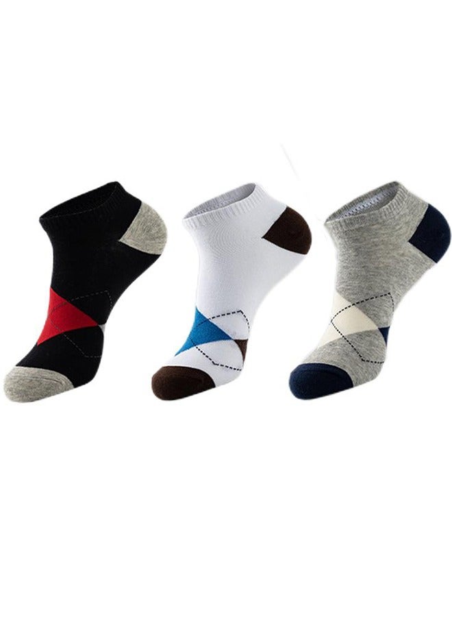 3 أزواج من جوارب الأعمال الماسية المصنوعة من القطن الخالص المسامي منخفضة الجودة للربيع والصيف، جوارب مريحة ماصة للعرق للرجال باللون الأسود ذات الفم الضحل - Image 1