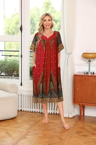 Ekouaer Womens Nightgown Short Sleeve House Dress with Pockets-Floral Print Mumu Dress Floral Red, XX-Large - Image 2