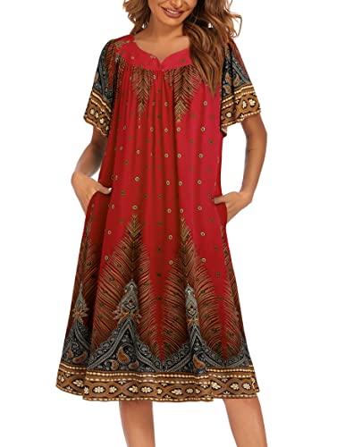 Ekouaer Womens Nightgown Short Sleeve House Dress with Pockets-Floral Print Mumu Dress Floral Red, XX-Large - Image 1