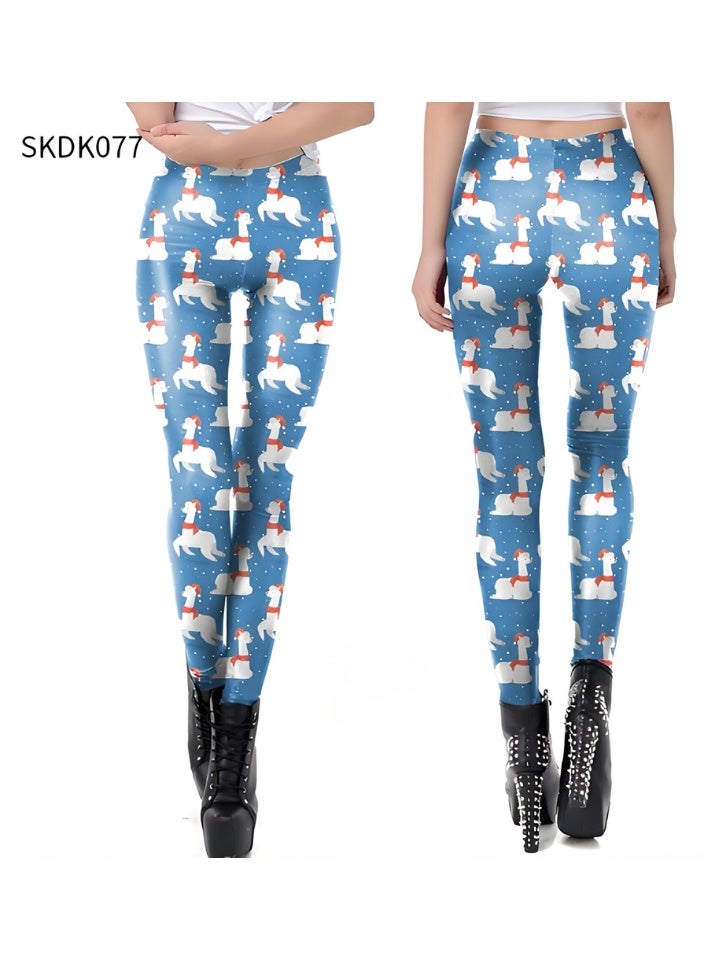 إسكدنيا النساء مطبوعة عيد الميلاد ملابس عالية الخصر عيد الميلاد ضيق العطلة بنطلون رقيقة - Image 2