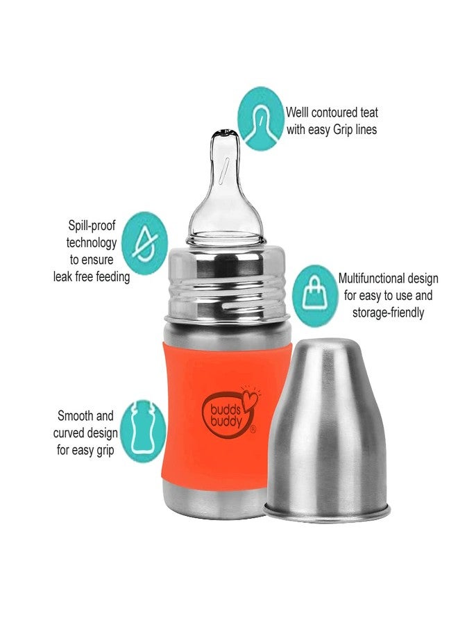 Buddsbuddy Magnum Plus Stainless Steel 2 in 1 Wide Neck Baby Feeding Bottle with Extra Spout Sipper, 125ml, Orange - Image 5