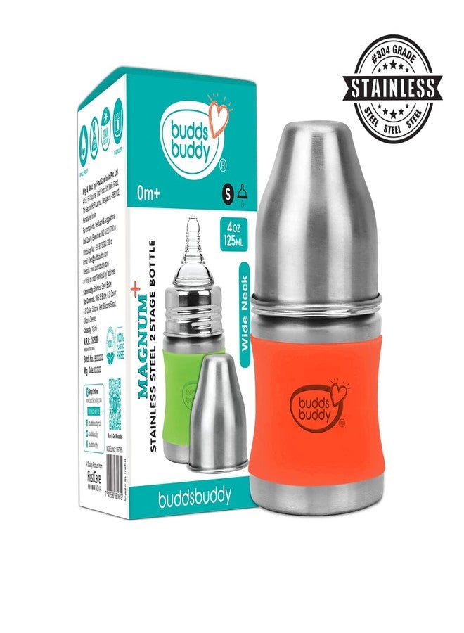 Buddsbuddy Magnum Plus Stainless Steel 2 in 1 Wide Neck Baby Feeding Bottle with Extra Spout Sipper, 125ml, Orange - Image 3