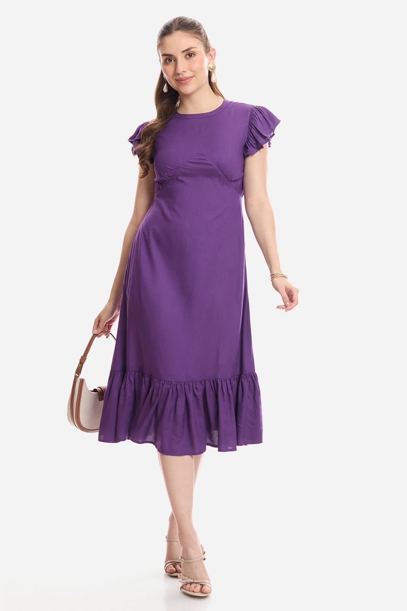 Virgio Solid Viscose Flutter Sleeve Midi Dress for Women - Image 1