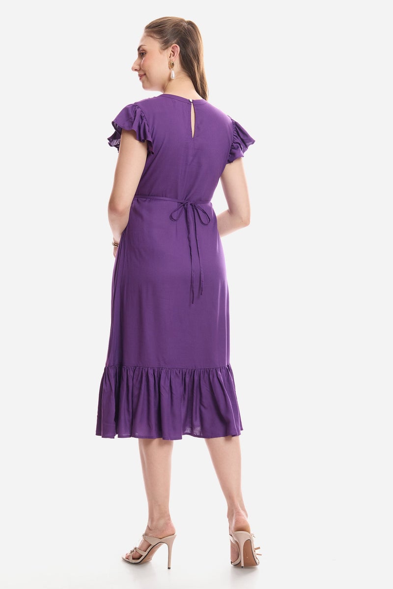 Virgio Solid Viscose Flutter Sleeve Midi Dress for Women - Image 5