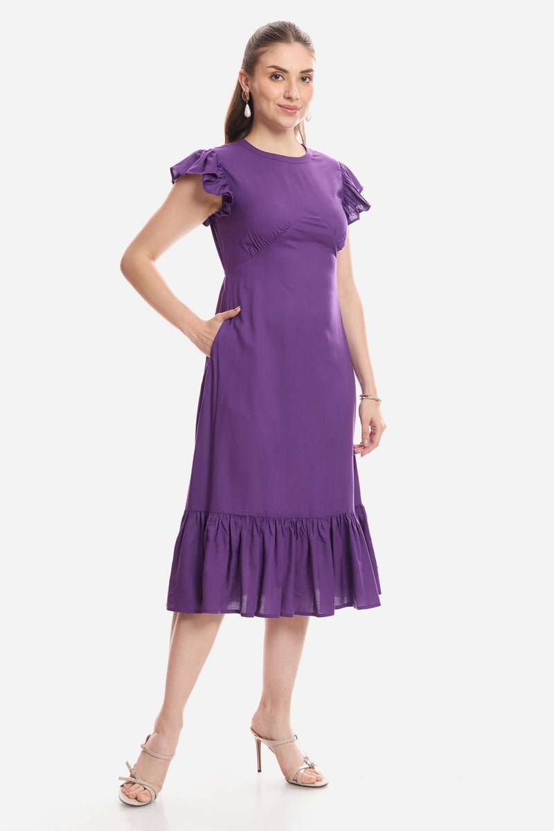 Virgio Solid Viscose Flutter Sleeve Midi Dress for Women - Image 4