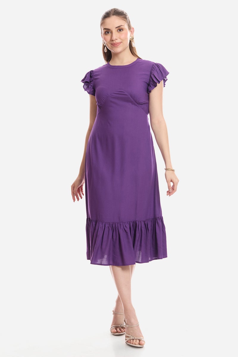 Virgio Solid Viscose Flutter Sleeve Midi Dress for Women - Image 2
