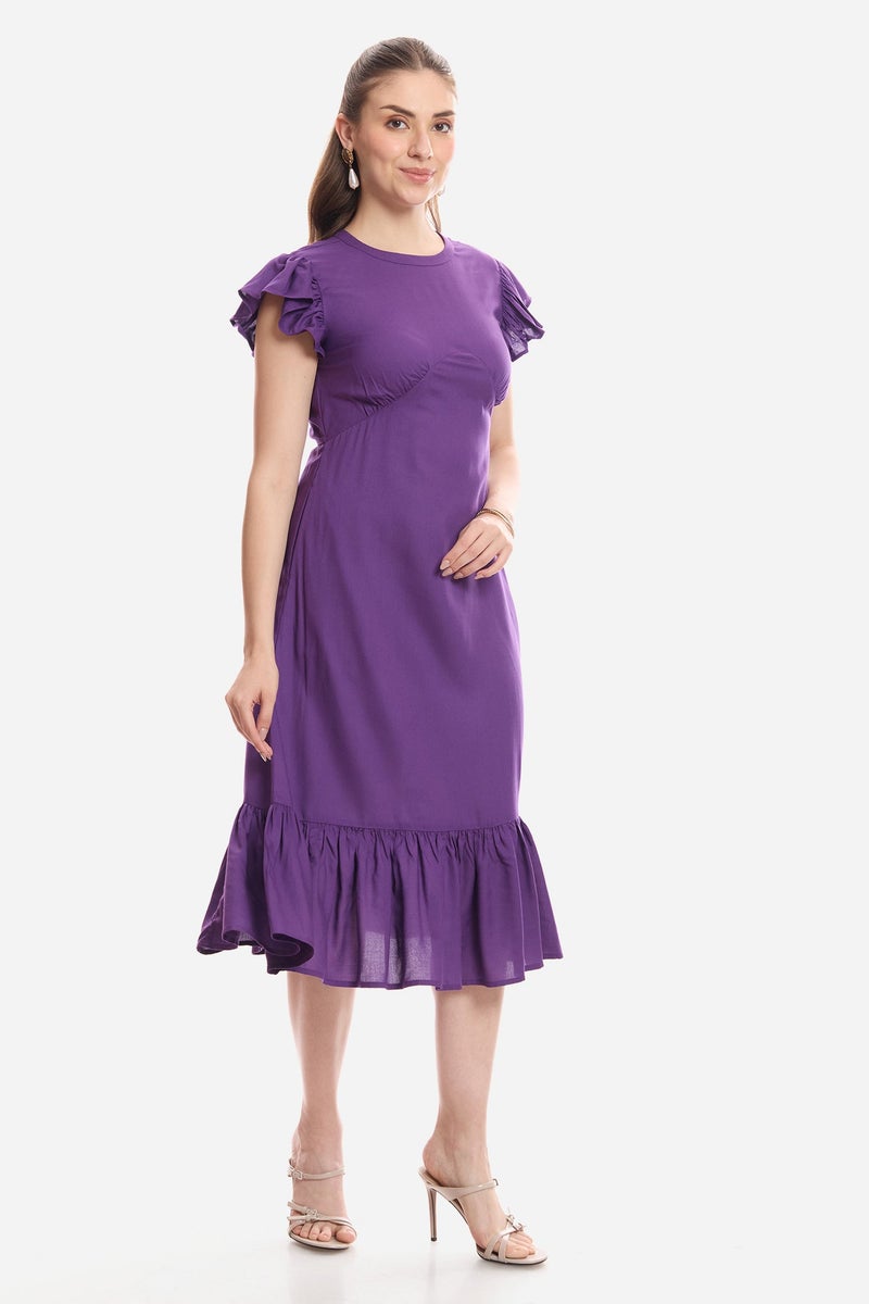 Virgio Solid Viscose Flutter Sleeve Midi Dress for Women - Image 3