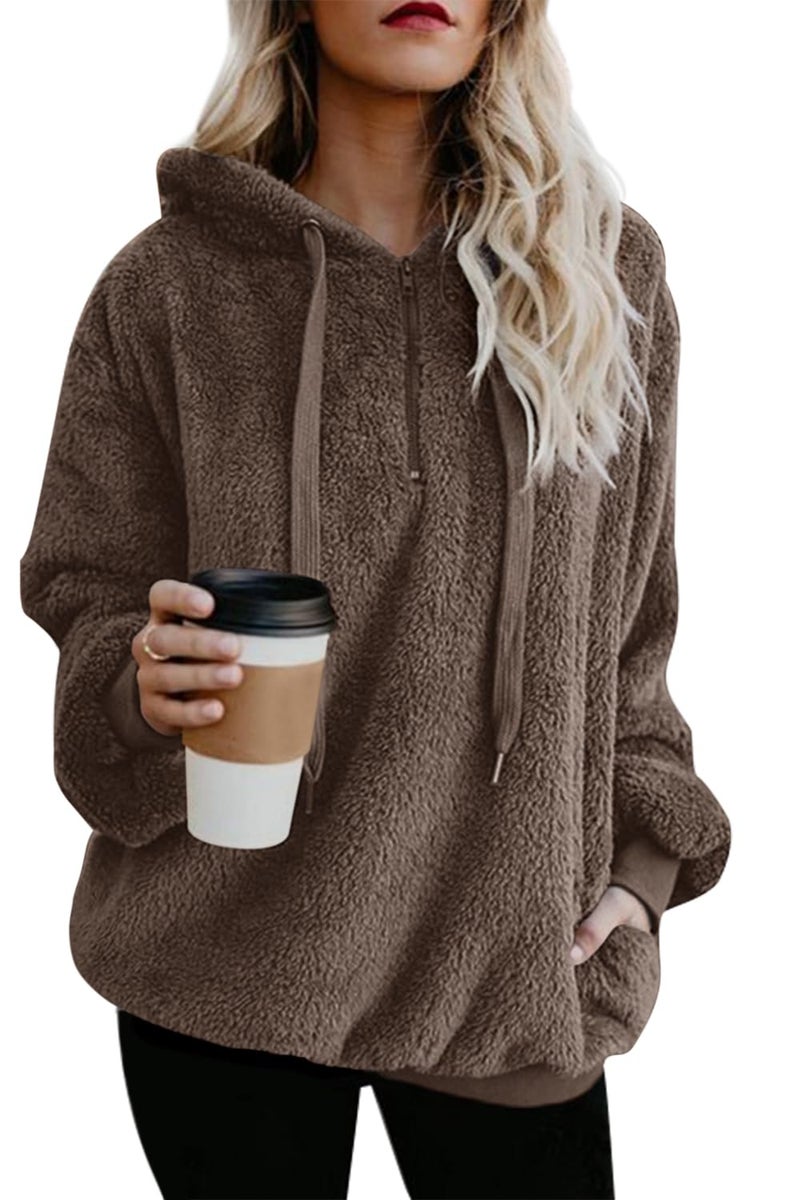 Yanekop Womens Oversized Hoodies Quarter Zip Pullover Sherpa Jacket Zip Up Sweatshirt Fuzzy Fleece Pullover with PocketsB BrownM