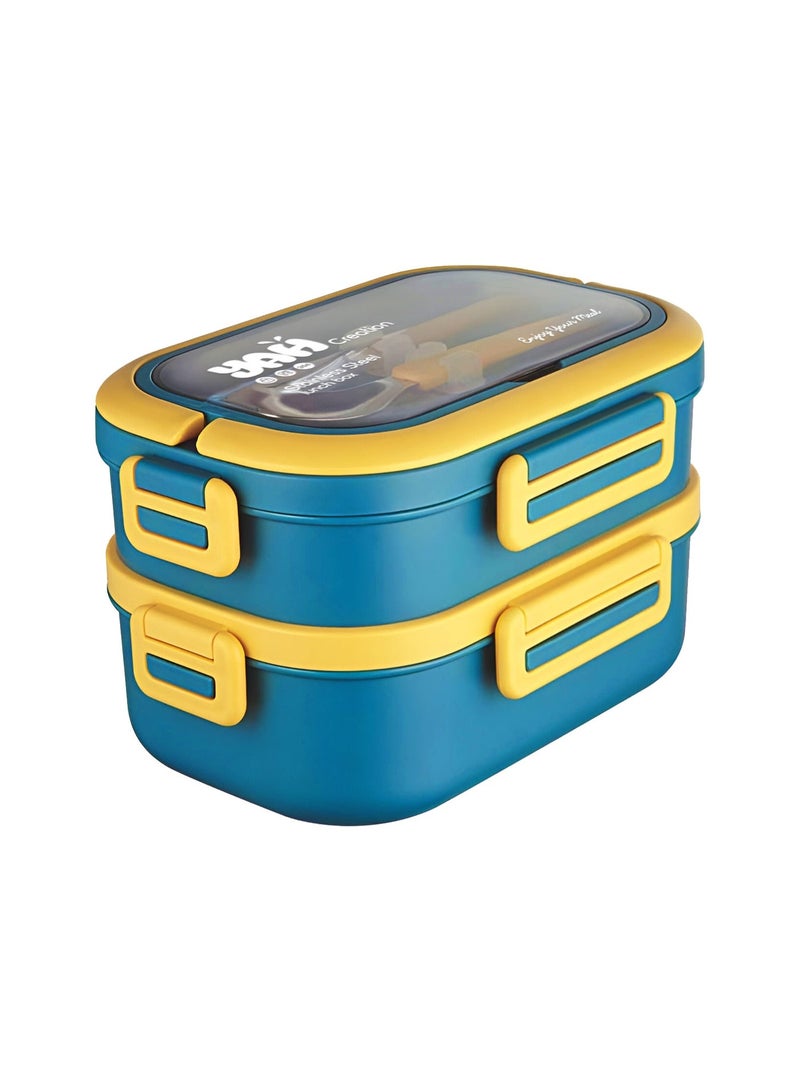 YAH Creation YAH Premium Stainless Steel Bento Lunch Box, 2-Layer Leakproof Food Container (1.65L) with Stainless Steel Cutlery &, Durable & Stylish for Work & School. Blue & Yellow color - Image 2