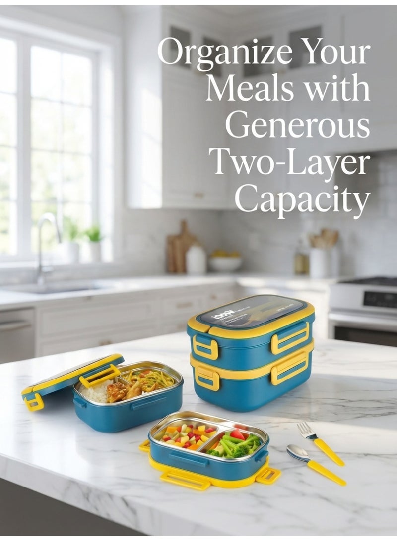 YAH Creation YAH Premium Stainless Steel Bento Lunch Box, 2-Layer Leakproof Food Container (1.65L) with Stainless Steel Cutlery &, Durable & Stylish for Work & School. Blue & Yellow color - Image 5