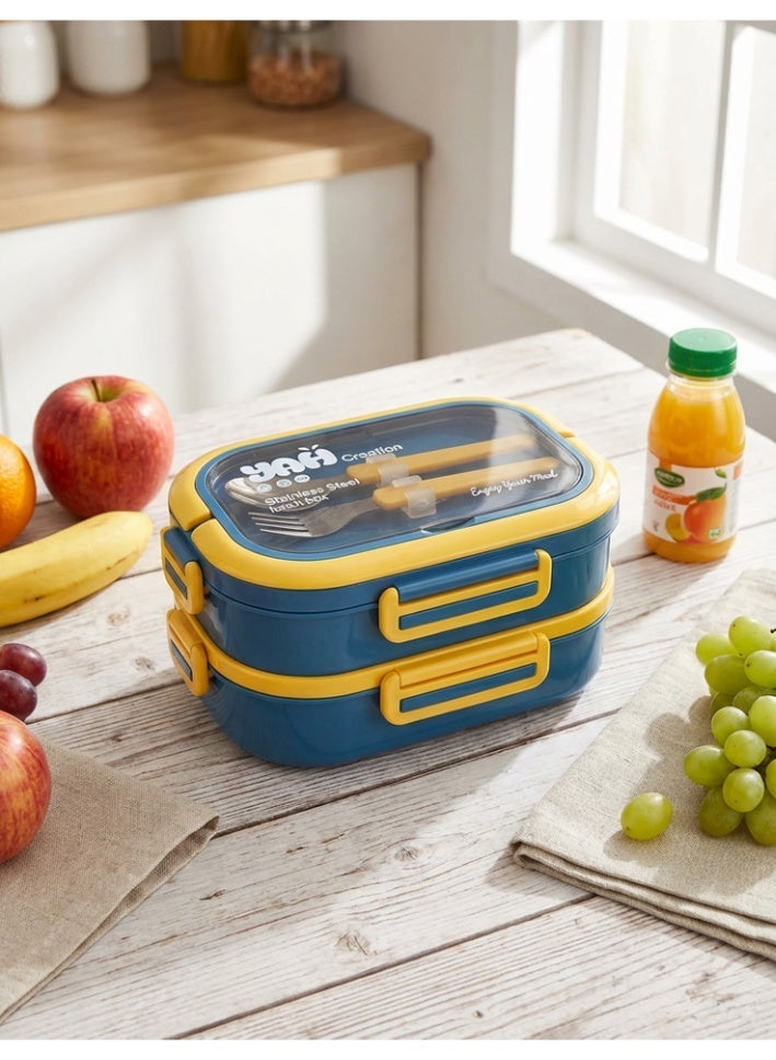 YAH Creation YAH Premium Stainless Steel Bento Lunch Box, 2-Layer Leakproof Food Container (1.65L) with Stainless Steel Cutlery &, Durable & Stylish for Work & School. Blue & Yellow color - YAH Creation - Image 1
