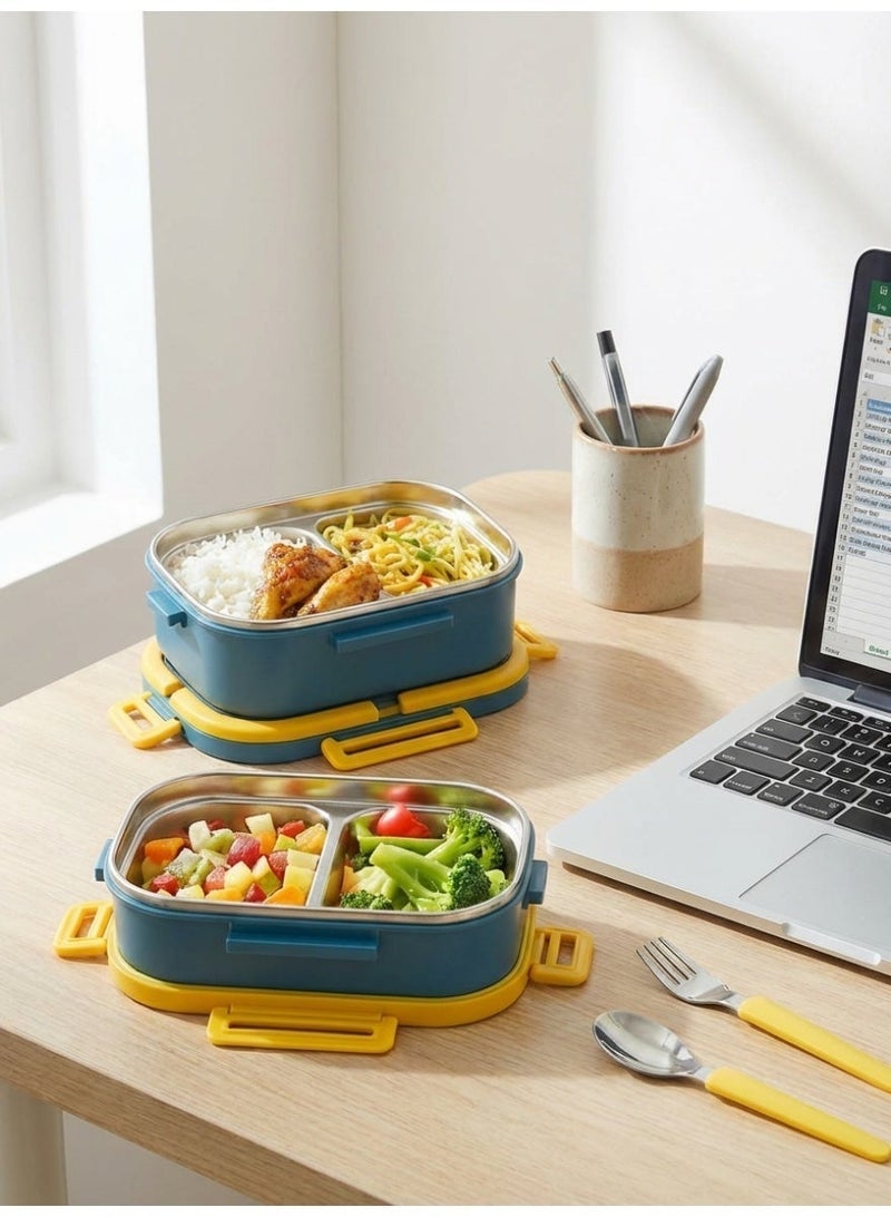 YAH Creation YAH Premium Stainless Steel Bento Lunch Box, 2-Layer Leakproof Food Container (1.65L) with Stainless Steel Cutlery &, Durable & Stylish for Work & School. Blue & Yellow color - YAH Creation - Image 3