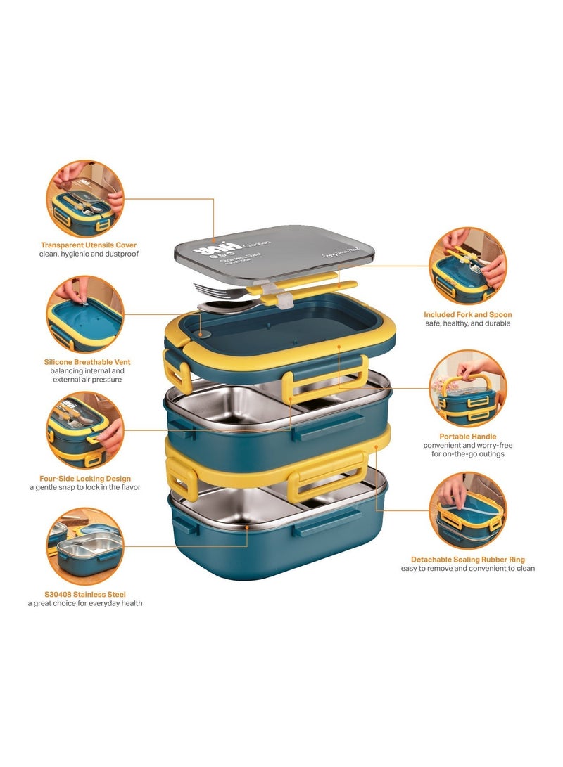 YAH Creation YAH Premium Stainless Steel Bento Lunch Box, 2-Layer Leakproof Food Container (1.65L) with Stainless Steel Cutlery &, Durable & Stylish for Work & School. Blue & Yellow color - YAH Creation - Image 2
