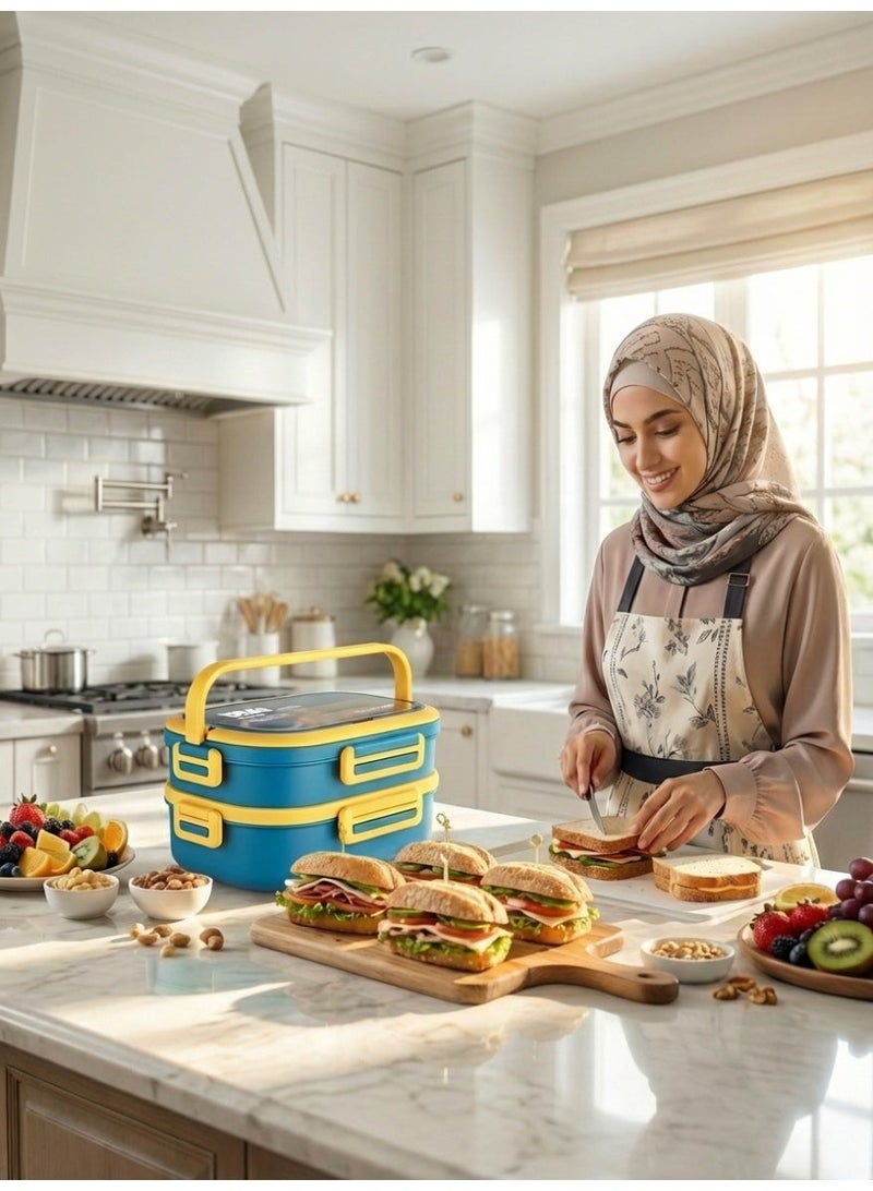 YAH Creation YAH Premium Stainless Steel Bento Lunch Box, 2-Layer Leakproof Food Container (1.65L) with Stainless Steel Cutlery &, Durable & Stylish for Work & School. Blue & Yellow color - YAH Creation - Image 5