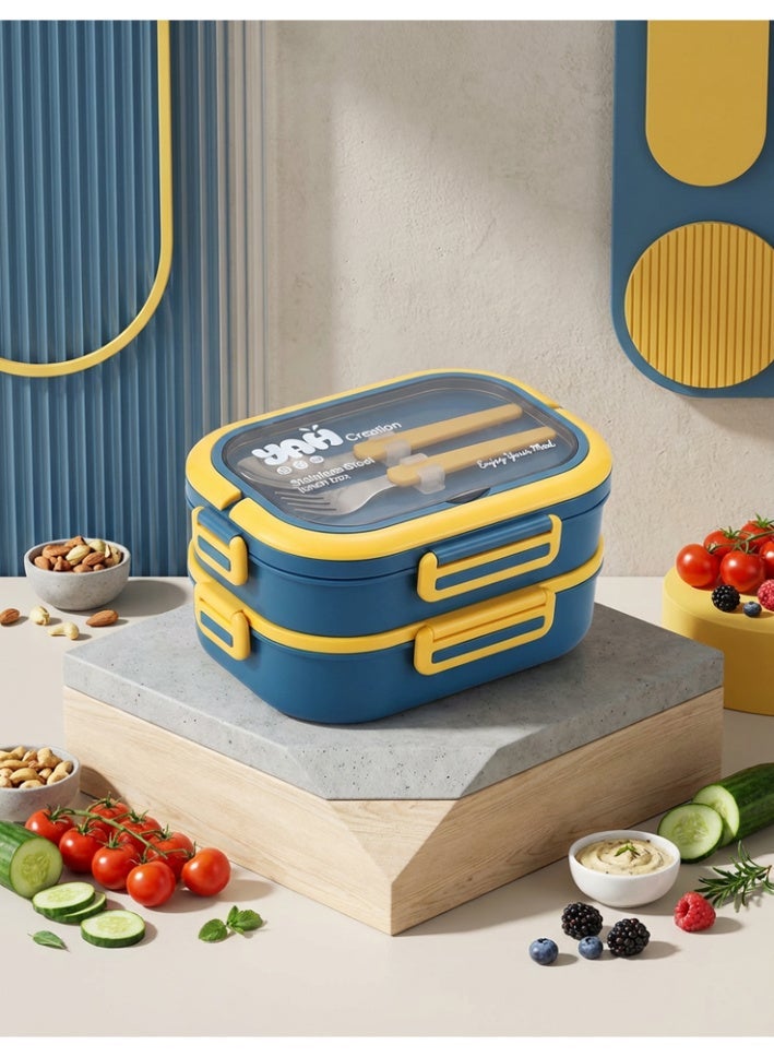 YAH Creation YAH Premium Stainless Steel Bento Lunch Box, 2-Layer Leakproof Food Container (1.65L) with Stainless Steel Cutlery &, Durable & Stylish for Work & School. Blue & Yellow color - YAH Creation - Image 4