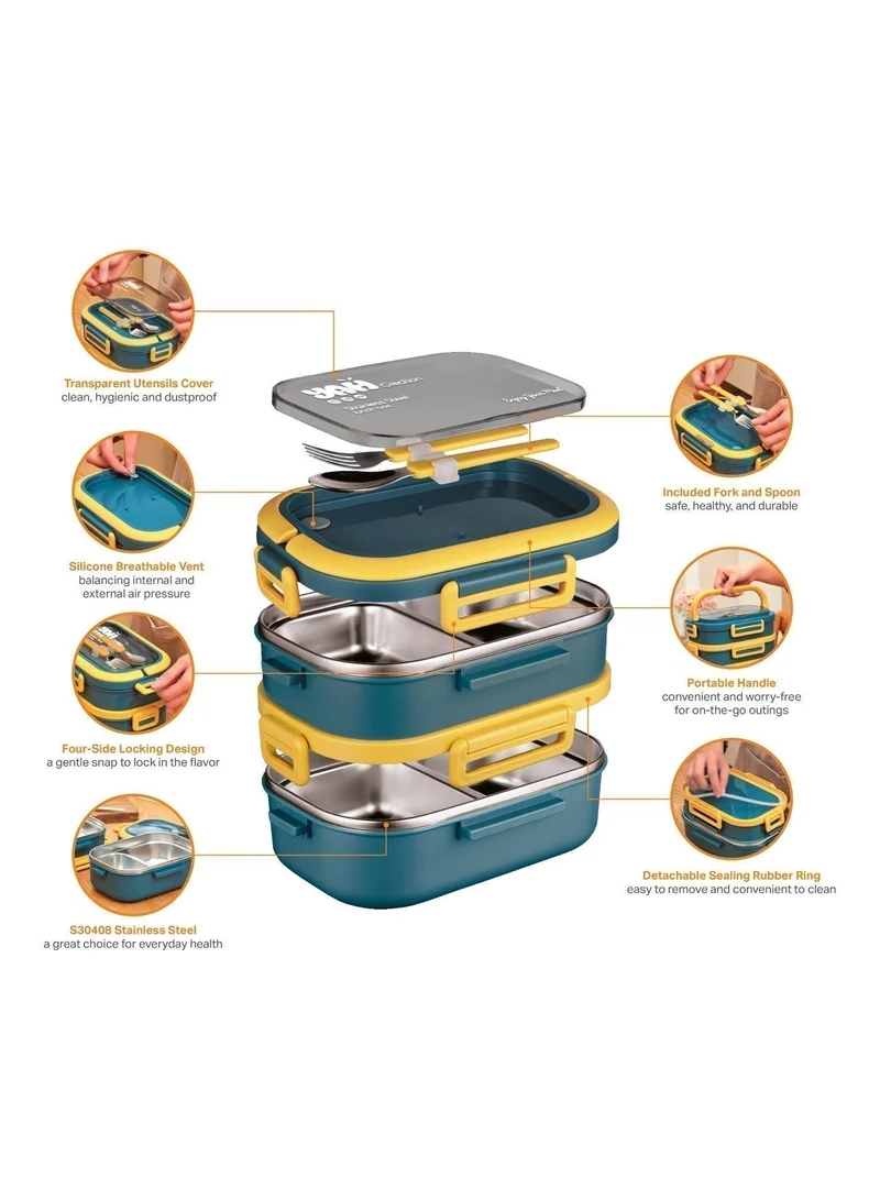 YAH Creation YAH Premium Stainless Steel Bento Lunch Box, 2-Layer Leakproof Food Container (1.65L) with Stainless Steel Cutlery &, Durable & Stylish for Work & School. Blue & Yellow color - YAH Creation