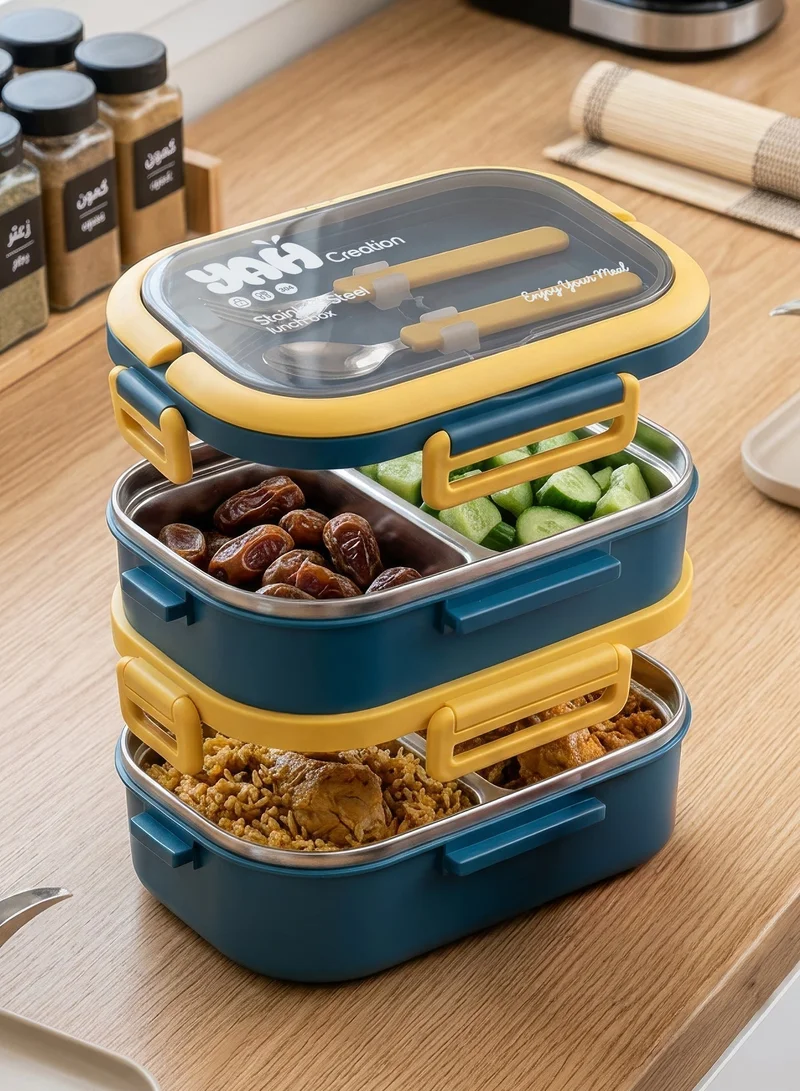 YAH Creation YAH Premium Stainless Steel Bento Lunch Box, 2-Layer Leakproof Food Container (1.65L) with Stainless Steel Cutlery &, Durable & Stylish for Work & School. Blue & Yellow color - YAH Creation
