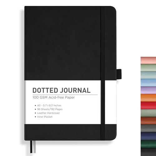 RETTACY Bullet Dotted Journal Notebook, 192 Pages, A5 Medium Size (5.7'' x 8.3''), Leather Hardcover, 100 GSM Thick Paper, for Bullet Journaling, Planning, Tracking (Black) - Image 1