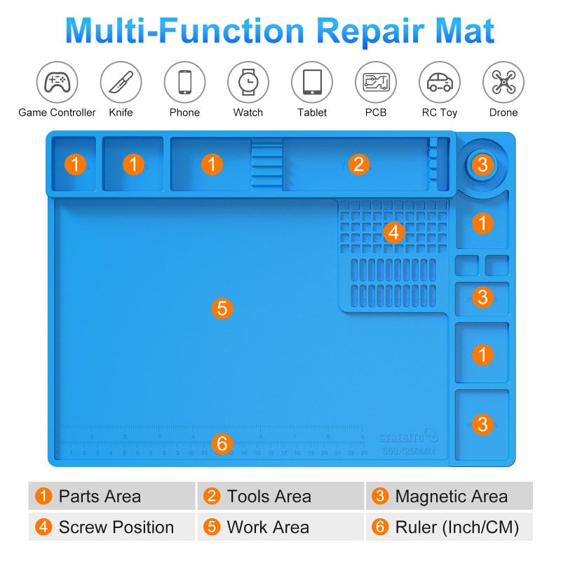 STREBITO Soldering Mat Electronics Repair Mat, Silicone Work Mat Heat Resistant 932Â°F, Magnetic Mat for Screws and Tools, Solder Mat Silicone Pad for Watch, Phone, Eyeglass, Knife, Size 13.8 "x 9.9" - Image 2
