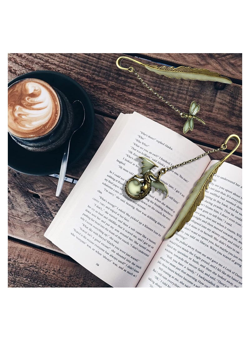 SOLARAE Luminous Bookmarks 2 Pack Vintage Feather Metal Book Marker Unique Glow in The Dark Retro Reading Page Perfect Gift for Reader ,Students, Teachers, and Lovers(Dragonfly, Dragon) - Image 2