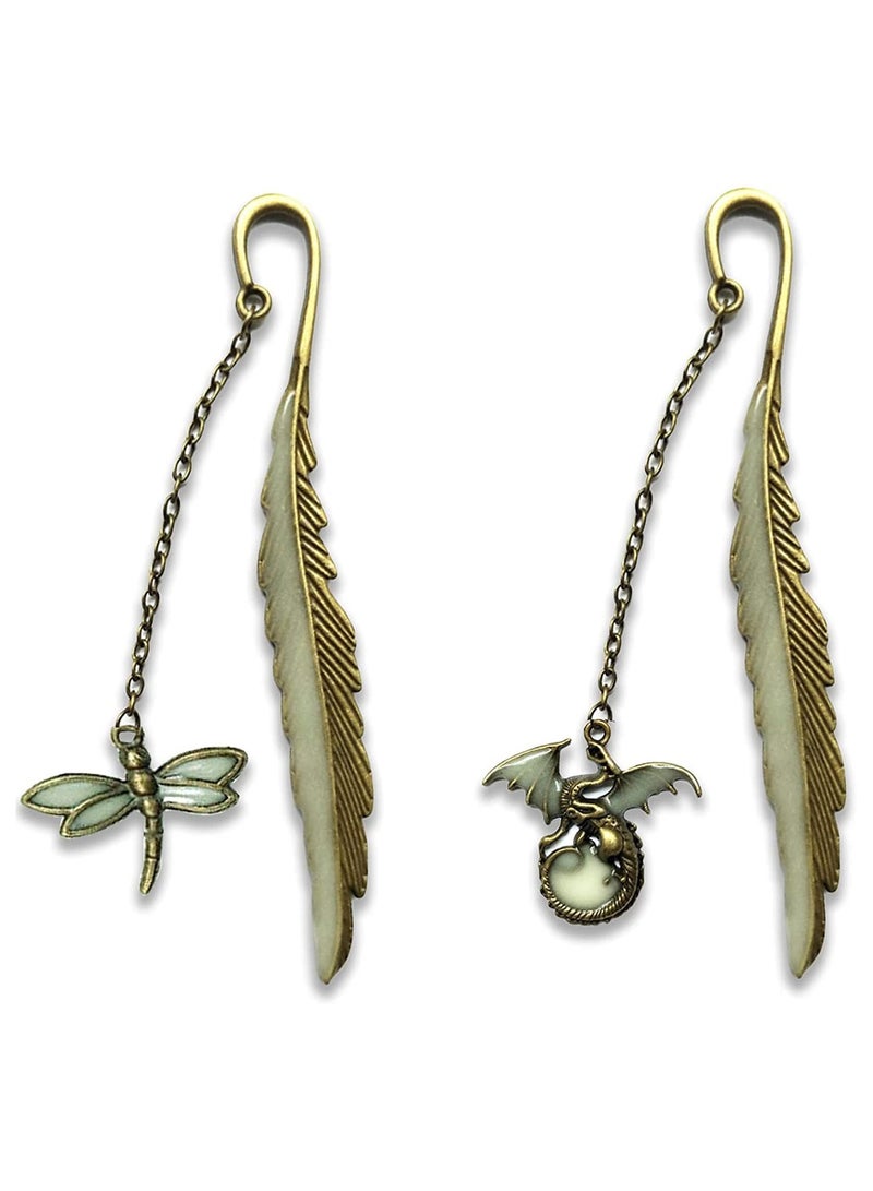SOLARAE Luminous Bookmarks 2 Pack Vintage Feather Metal Book Marker Unique Glow in The Dark Retro Reading Page Perfect Gift for Reader ,Students, Teachers, and Lovers(Dragonfly, Dragon) - Image 1