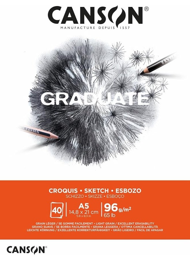 CANSON Graduate Light Grain 96gsm A5 Sketch Paper Pad 40 Sheets White Color - Image 1