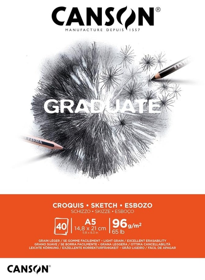 CANSON Graduate Light Grain 96gsm A5 Sketch Paper Pad 40 Sheets White Color - Image 2