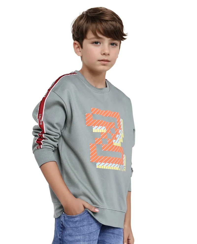 Rare Ones Rare Ones Kids Zet Dusky Green Cotton Poly Full Sleeve Puff Print Sweatshirt