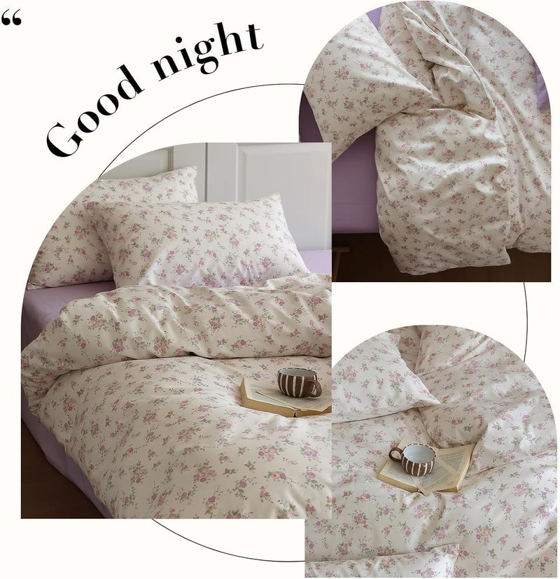 LifeTB Vintage Garden Floral Comforter Set Full Size Cute Pink Floral Bedding Comforter Soft Fluffy Reversible Botanical Flowers Comforter with 2 Pillowcases Boho Cottagecore Bedding Full Comforter Set - Image 3